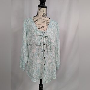 Go Fish Womens Medium Boho Hippie Floral Flower Blue Print Blouse Front Tie A005